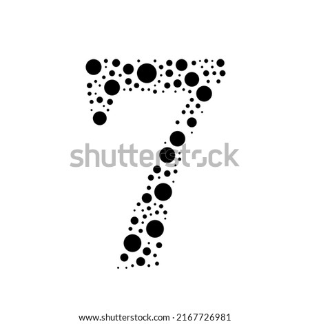 A large number seven symbol in the center made in pointillism style. The center symbol is filled with black circles of various sizes. Vector illustration on white background