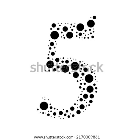 A large number five symbol in the center made in pointillism style. The center symbol is filled with black circles of various sizes. Vector illustration on white background