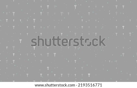 Seamless background pattern of evenly spaced white tenge symbols of different sizes and opacity. Vector illustration on grey background with stars