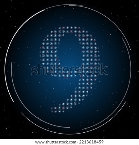 The number nine symbol filled with white dots. Pointillism style. Some dots is red. Vector illustration on blue background with stars