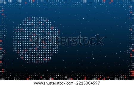 On the left is the octagon symbol filled with white dots. Pointillism style. Abstract futuristic frame of dots and circles. Some dots is red. Vector illustration on blue background with stars