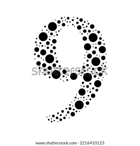 A large number nine symbol in the center made in pointillism style. The center symbol is filled with black circles of various sizes. Vector illustration on white background