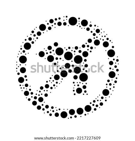 A large no left turn sign in the center made in pointillism style. The center symbol is filled with black circles of various sizes. Vector illustration on white background