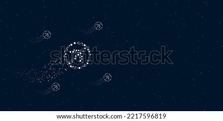 A no left turn sign filled with dots flies through the stars leaving a trail behind. There are four small symbols around. Vector illustration on dark blue background with stars