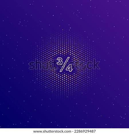A large white contour three quarters symbol in the center, surrounded by small dots. Dots of different colors in the shape of a ball. Vector illustration on dark blue gradient background with stars