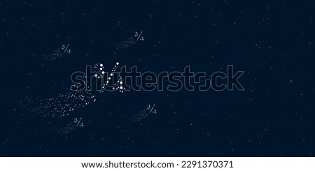 A three quarters symbol filled with dots flies through the stars leaving a trail behind. There are four small symbols around. Vector illustration on dark blue background with stars