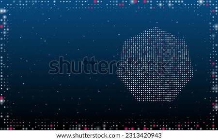 On the right is the heptagon symbol filled with white dots. Pointillism style. Abstract futuristic frame of dots and circles. Some dots is pink. Vector illustration on blue background with stars