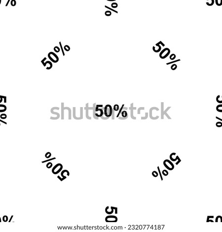 Seamless pattern of repeated black 50 percent symbols. Elements are evenly spaced and some are rotated. Vector illustration on white background