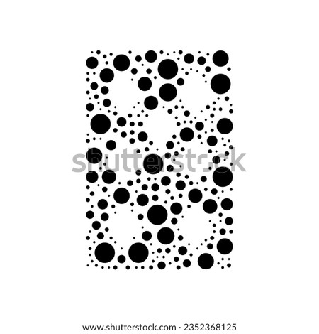 A large seven of diamonds playing card in the center made in pointillism style. The center symbol is filled with black circles of various sizes. Vector illustration on white background