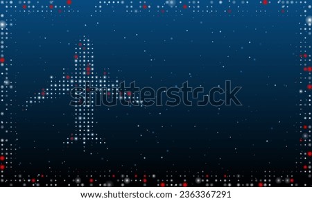 On the left is the airplane symbol filled with white dots. Pointillism style. Abstract futuristic frame of dots and circles. Some dots is red. Vector illustration on blue background with stars