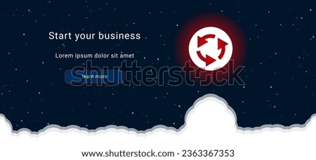 Business startup concept Landing page screen. The roundabout sign on the right is highlighted in bright red. Vector illustration on dark blue background with stars and curly clouds from below