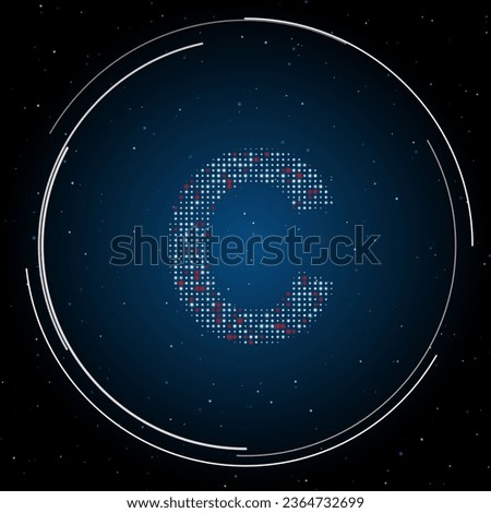 The capital letter C symbol filled with white dots. Pointillism style. Some dots is red. Vector illustration on blue background with stars