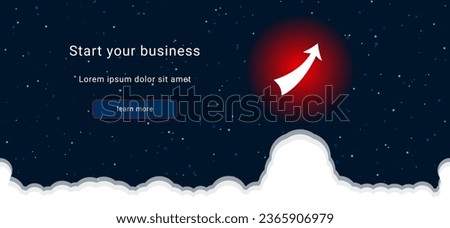 Business startup concept Landing page screen. The up arrow on the right is highlighted in bright red. Vector illustration on dark blue background with stars and curly clouds from below