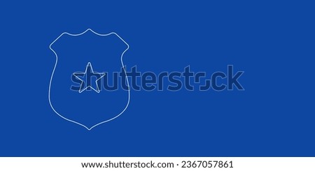 A large white outline police badge symbol on the left. Designed as thin white lines. Vector illustration on blue background