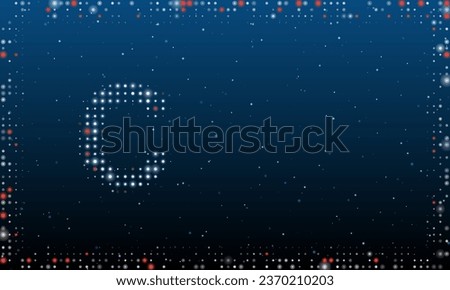 On the left is the capital letter C symbol filled with white dots. Pointillism style. Abstract futuristic frame of dots and circles. Some dots is red. Vector illustration on blue background with stars