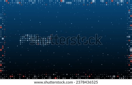 On the left is the tilde symbol filled with white dots. Pointillism style. Abstract futuristic frame of dots and circles. Some dots is red. Vector illustration on blue background with stars