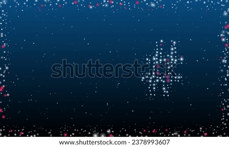 On the right is the hash symbol filled with white dots. Pointillism style. Abstract futuristic frame of dots and circles. Some dots is pink. Vector illustration on blue background with stars