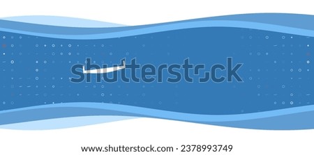 Blue wavy banner with a white two-handed saw symbol on the left. On the background there are small white shapes, some are highlighted in red. There is an empty space for text on the right side