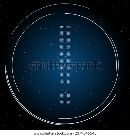 The exclamation symbol filled with white dots. Pointillism style. Some dots is red. Vector illustration on blue background with stars