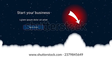 Business startup concept Landing page screen. The down arrow on the right is highlighted in bright red. Vector illustration on dark blue background with stars and curly clouds from below