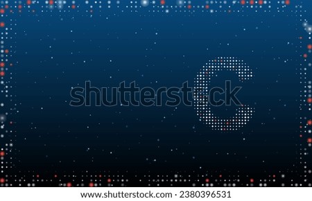 On the right is the capital letter C symbol filled with white dots. Abstract futuristic frame of dots and circles. Vector illustration on blue background with stars
