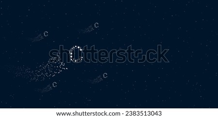 A capital letter C symbol filled with dots flies through the stars leaving a trail behind. There are four small symbols around. Vector illustration on dark blue background with stars