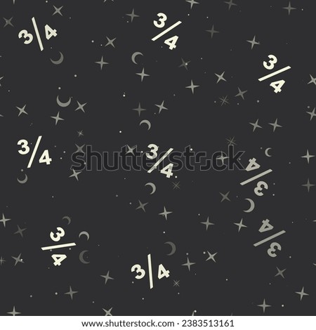 Seamless pattern with stars, three quarters symbols on black background. Night sky. Vector illustration on black background