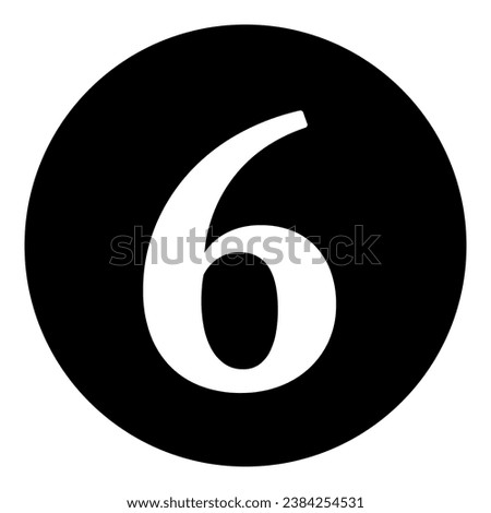A number six symbol in the center. Isolated white symbol in black circle. Vector illustration on white background