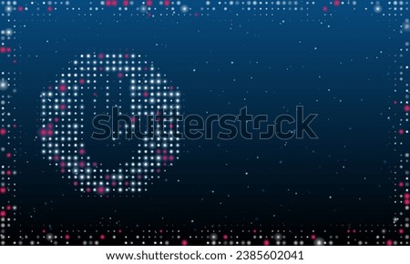 On the left is the stop hand symbol filled with white dots. Pointillism style. Abstract futuristic frame of dots and circles. Some dots is pink. Vector illustration on blue background with stars