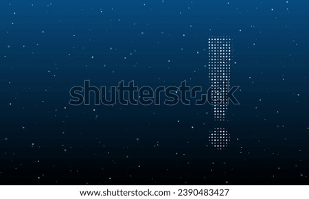 On the right is the exclamation symbol filled with white dots. Background pattern from dots and circles of different shades. Vector illustration on blue background with stars