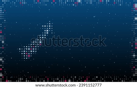 On the left is the up arrow symbol filled with white dots. Pointillism style. Abstract futuristic frame of dots and circles. Some dots is pink. Vector illustration on blue background with stars