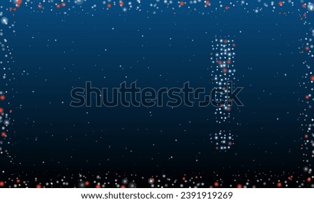 On the right is the exclamation symbol filled with white dots. Pointillism style. Abstract futuristic frame of dots and circles. Some dots is red. Vector illustration on blue background with stars