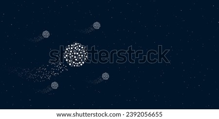 A heptagon symbol filled with dots flies through the stars leaving a trail behind. Four small symbols around. Empty space for text on the right. Vector illustration on dark blue background with stars