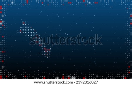 On the left is the down arrow symbol filled with white dots. Pointillism style. Abstract futuristic frame of dots and circles. Some dots is red. Vector illustration on blue background with stars
