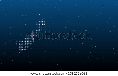 On the left is the up arrow symbol filled with white dots. Background pattern from dots and circles of different shades. Vector illustration on blue background with stars
