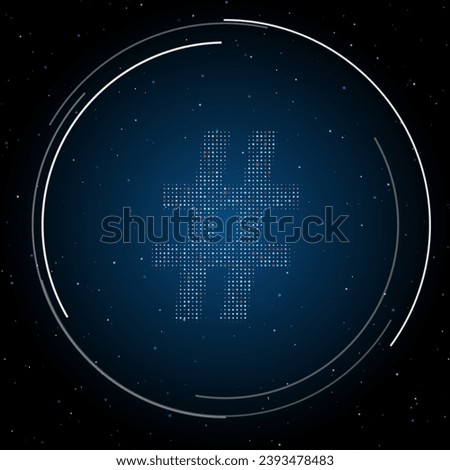 The hash symbol filled with white dots. Pointillism style. Some dots is red. Vector illustration on blue background with stars
