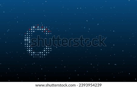 On the left is the capital letter C symbol filled with white dots. Background pattern from dots and circles of different shades. Vector illustration on blue background with stars