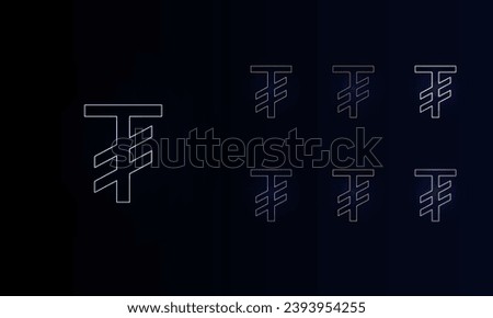A set of neon tugrik symbols. Set of different color symbols, faint neon glow. Vector illustration on black background