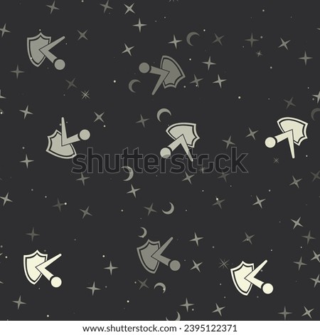 Seamless pattern with stars, ball bounces off the shield symbols on black background. Night sky. Vector illustration on black background