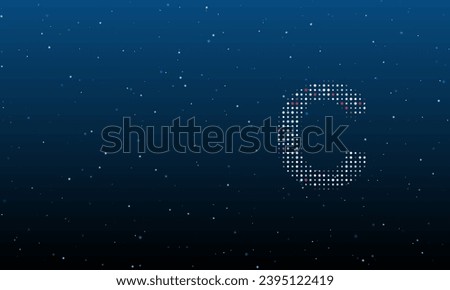 On the right is the capital letter C symbol filled with white dots. Background pattern from dots and circles of different shades. Vector illustration on blue background with stars