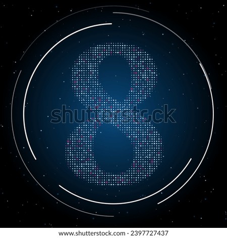 The number eight symbol filled with white dots. Pointillism style. Some dots is pink. Vector illustration on blue background with stars