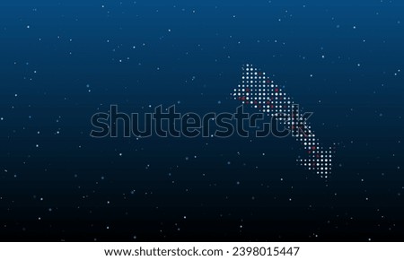 On the right is the down arrow symbol filled with white dots. Background pattern from dots and circles of different shades. Vector illustration on blue background with stars