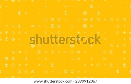 Seamless background pattern of evenly spaced white pedestrian traffic prohibited signs of different sizes and opacity. Vector illustration on amber background with stars