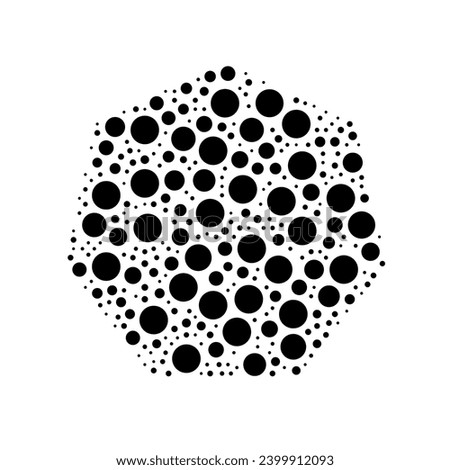 A large heptagon symbol in the center made in pointillism style. The center symbol is filled with black circles of various sizes. Vector illustration on white background