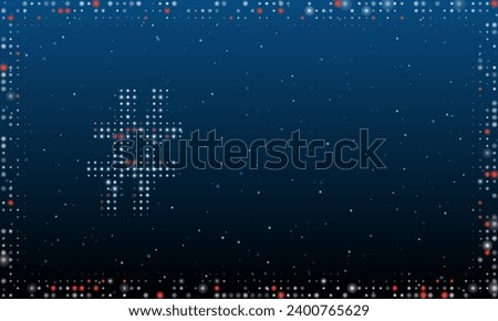 On the left is the hash symbol filled with white dots. Pointillism style. Abstract futuristic frame of dots and circles. Some dots is red. Vector illustration on blue background with stars