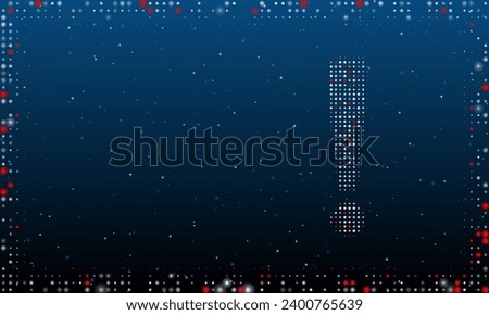 On the right is the exclamation symbol filled with white dots. Pointillism style. Abstract futuristic frame of dots and circles. Some dots is red. Vector illustration on blue background with stars