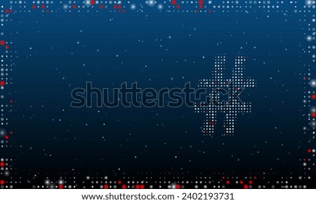 On the right is the hash symbol filled with white dots. Pointillism style. Abstract futuristic frame of dots and circles. Some dots is red. Vector illustration on blue background with stars