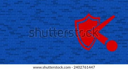 Blue Brick Wall with large red ball bounces off the shield symbol. The symbol is located on the right, on the left there is empty space for your content. Vector illustration on blue background