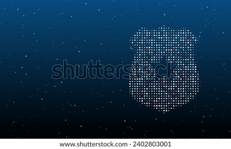 On the right is the police badge symbol filled with white dots. Background pattern from dots and circles of different shades. Vector illustration on blue background with stars