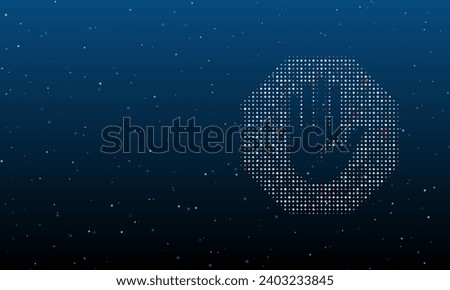 On the right is the stop hand symbol filled with white dots. Background pattern from dots and circles of different shades. Vector illustration on blue background with stars
